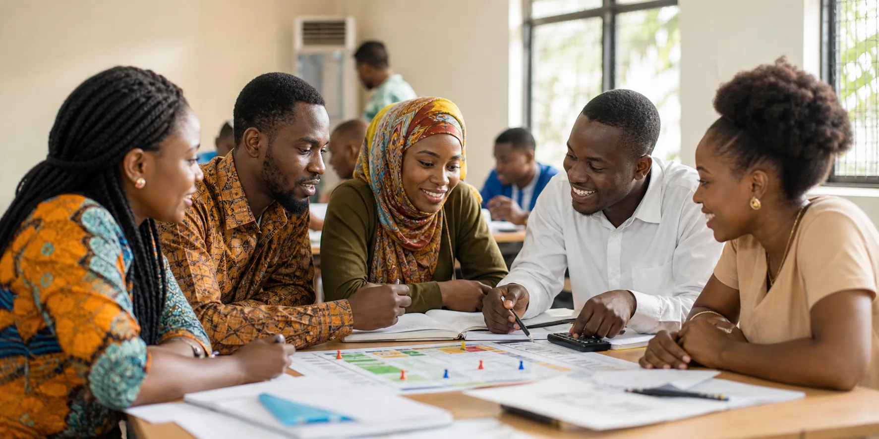 Young African adults learning together in a practical financial education session